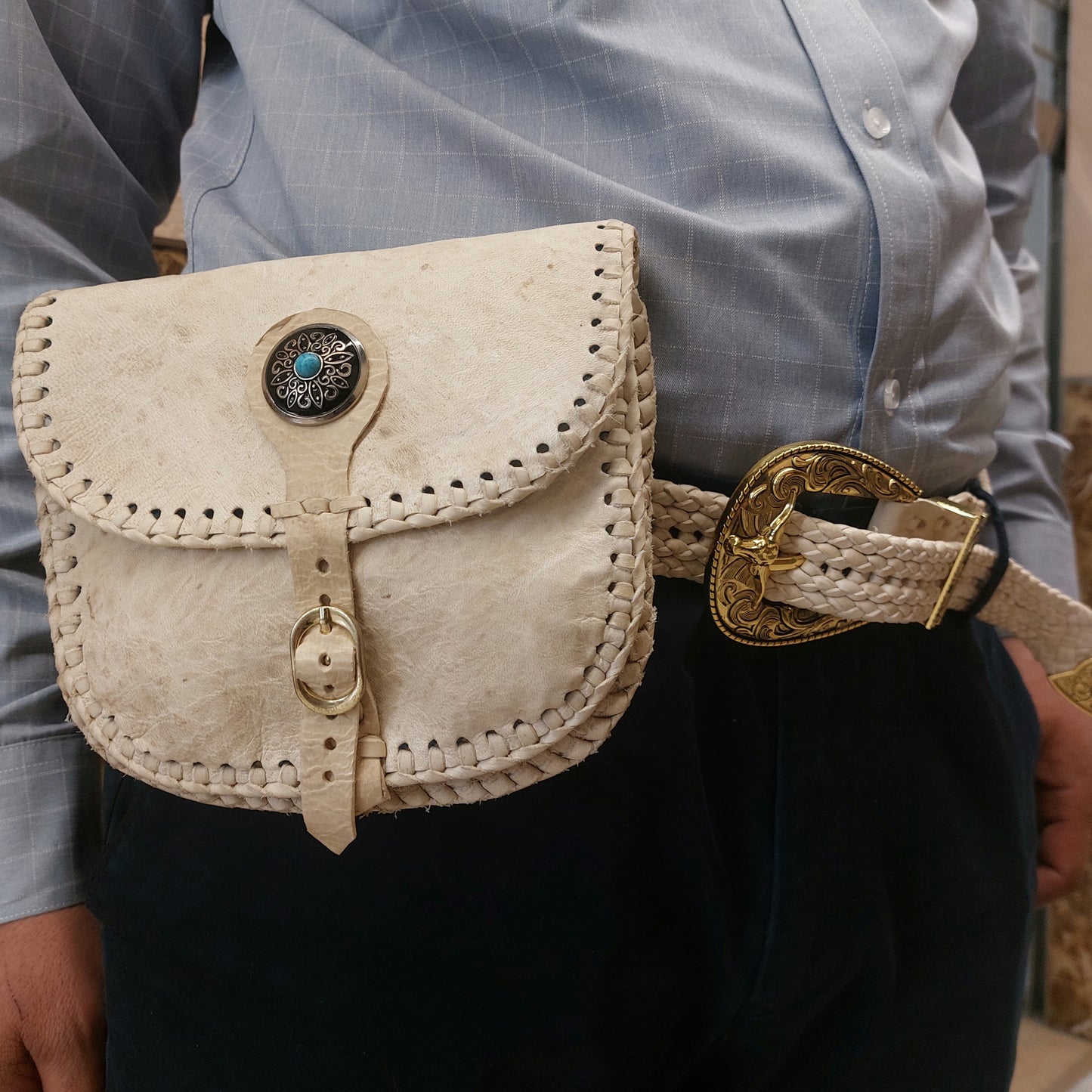 Handcrafted Leather Belt and Mongolian Leather Bag